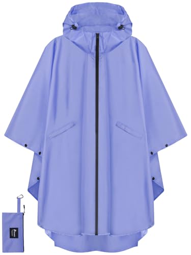 PTEROMY Hooded Rain Poncho for Adult with Pocket and Zipper, Waterproof Lightweight Raincoat for Men and Women - color: Purple