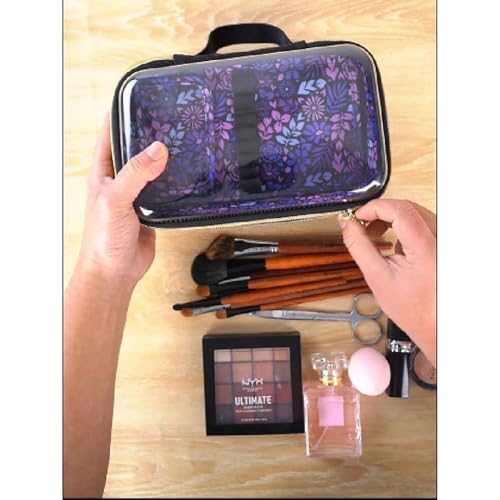 ZIPIT: Travel Makeup Bag - Black & Purple Flowers - Protective Hard Shell, Large Cosmetic Case, Transparent Zipper Lid, Handle, Toiletry Organizer - color: Black