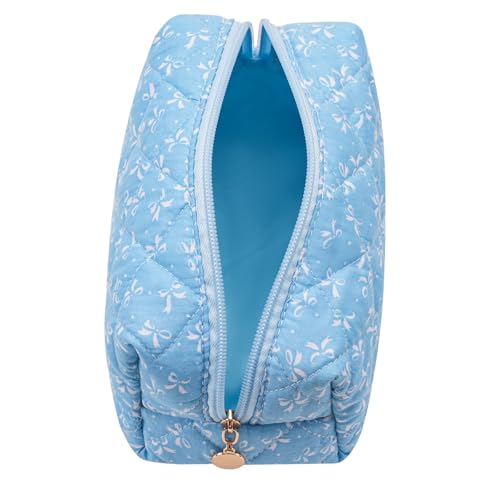 Cute Floral Makeup Bag Small Cotton Quilted Cosmetic Bag, Aesthetic Essential Bag Emergency Bag Gift for Women Girls Travel Accessories (Blue) - color: Blue