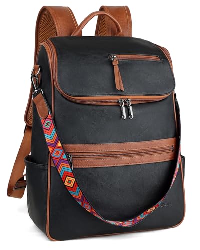 FADEON Laptop Backpack for Women Leather Travel Backpack with Laptop Compartment, Designer PU Shoulder Laptop Bag Black Brown - color: Retro Black With Brown