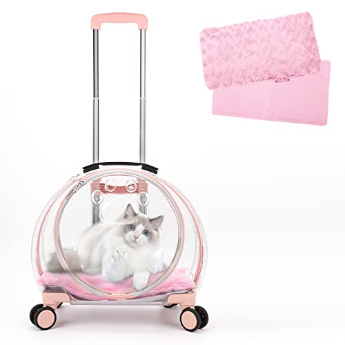 Transparent & Fully Breathable Hard cat Carrier with Rolling Wheels for Dogs, Cats, Multiple Carrying Options, Perfect for Traveling/Taking a Walk - color: Pink