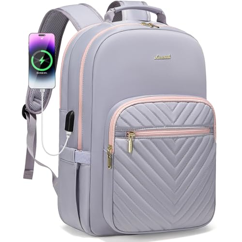 LOVEVOOK Laptop Backpack for Women 18.4 inch,Cute Womens Travel Backpack Purse,Professional Laptop Computer Bag,Waterproof Work Business College Teacher Bags Carry on Backpack with USB Port,Grey Pink - color: Grey Pink, size: 18.4 inch