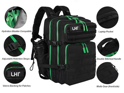 LHI Military Tactical Backpack for Men and Women 45L Army 3 Days Assault Pack Bag Large Rucksack with Molle System - Black with green zipper - color: 1.0 Black With Green Zipper