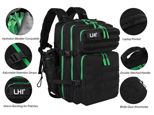 LHI Military Tactical Backpack for Men and Women 45L Army 3 Days Assault Pack Bag Large Rucksack with Molle System - Black with green zipper - color: 1.0 Black With Green Zipper