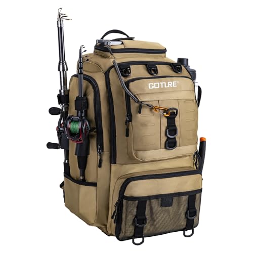 Goture 40L Fishing Tackle Backpack Khaki, Water-Resistant Fishing Bag with Cooler Compartment & Rain Cover for Saltwater - color: Khaki, size: A - Trays not included