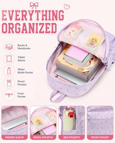 CAMTOP Girls Backpack with Lunch Box Set, Cute Bow School Backpack for Kids, 3-in-1 Lightweight Lunch Bag and Pencil Pouch - color: Purple Heart Bow