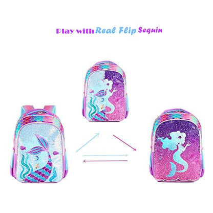 Reversible Sequin School Backpack Lightweight Little Kid Book Bag with Lunch Bag Set for Preschool Kindergarten Elementary(17", Mermaid with Lunch Bag) - size: 17"