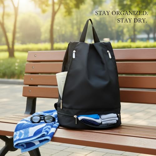 Foldable Gym Backpack with Wet/Dry Separation, Water-Resistant Oxford Sports Bag for Travel & Commute - color: Black