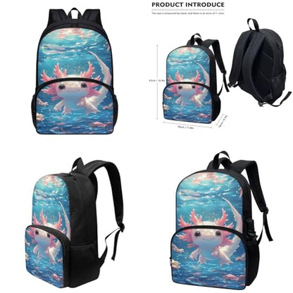 Cute Axolotl Backpack for Girls Kids Backpack with Lunch Box Water Bottle Holder and Big Pencil Pouch 4Pcs Set 17" Bookbag with Large Front Pocket for School Lightweight Elementary School Bag - color: Cute Axolotl