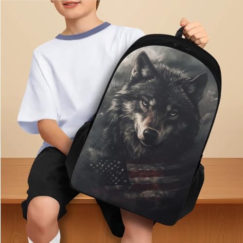 Flashideas American Flag Wolf Backpack for Boys Kids Backpack with Lunch Box 32 oz Water Bottle and Water Bottle Sleeve 4Pcs Set 17" Lightweight Bookbag with Compartments for School Sturdy School Bag - color: American Flag Wolf