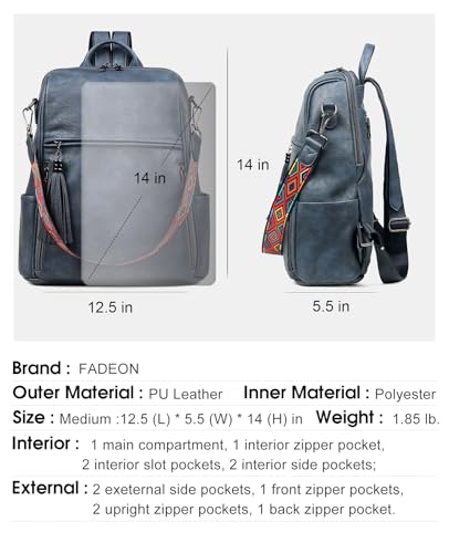 FADEON Leather Backpack Purse for Women Designer Travel Backpack Purses PU Fashion Ladies Shoulder Bag with Tassel - color: 1 Dark Blue Retro Style