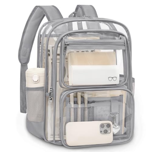 Clear Backpack for School, Large Heavy Duty Clear Bookbag with Luggage Strap & Stitches for Girls Boys, Reinforced See Through PVC Transparent Backpack for Stadium Events College Travel Work Grey - color: Grey