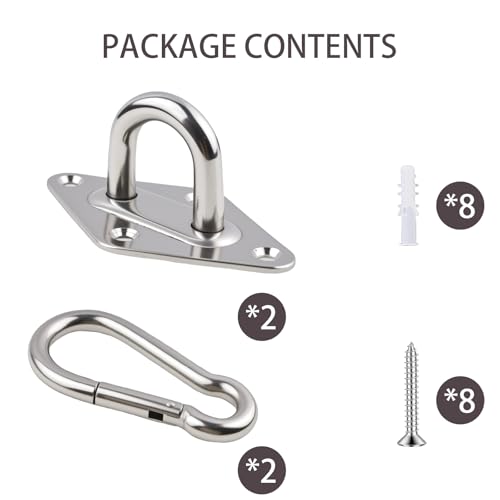 2Pack M10 Hammock Hanging Kit, Heavy Duty Stainless Steel Pad Eye Hooks with Snap Hook, for Porch Swing Punching Bag Ceiling Wall Mount, 1000Lbs Capacity Indoor Outdoor Hardware with Screws Anchors