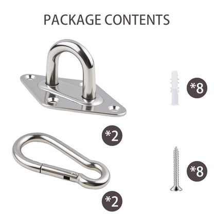 2Pack M10 Hammock Hanging Kit, Heavy Duty Stainless Steel Pad Eye Hooks with Snap Hook, for Porch Swing Punching Bag Ceiling Wall Mount, 1000Lbs Capacity Indoor Outdoor Hardware with Screws Anchors