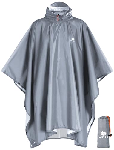 ANYOO Hooded Rain Poncho for Adults Waterproof Lightweight Rain Coat for Men Women Reusable Rain Jacket for Emergency Outdoor - color: Light Gray