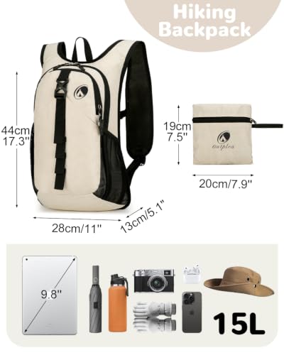Folding Hiking Backpack with Phone Pocket for Men Women, Small Ultralight Packable Casual Daypack with Shoulder Chest Straps for Travel, 15L Foldable Lightweight Day Pack, Beige - color: Beige