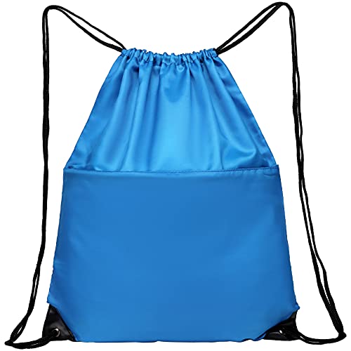 Drawstring Backpack Sports Water Resistant String Bag Sport Gym Sackpack for Women Men Large with Zipper, Neon Blue - color: Neon Blue