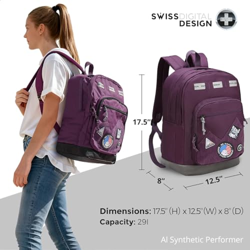 Swissdigital Design Big Student Laptop Backpack with Fun Personalized Patches For College Boy & Girl, Middle High School Teen Bookbag Cool Travel Daypack Purple - Includes 3 Patches | SD1718-51 - color: Dark Purple