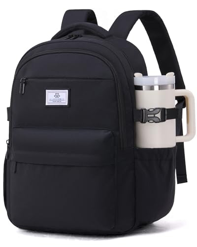 LOVEVOOK Laptop Backpack for Women Teens,College School Backpack with Tumbler Holder,15.6" Computer Bag,14 Pockets,Waterproof - color: Solid Black, size: 15.6inch