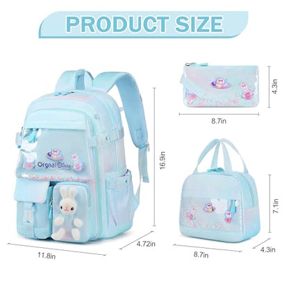 FIXITOK Girls Backpack Set, 3PCS Kids Backpack for Girls, Kawaii Bunny School Backpacks for Girl Kindergarten Elementary Preschool Middle School Bags with Lunch Box Pencil Case Dreamy-Aquamarine - color: Dreamy-aquamarine