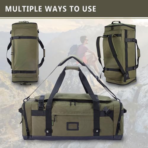 Large Duffle Bag for Travel - Men & Women, Foldable Gym Duffle Backpack, Heavy Duty Tactical Military Canvas Duffel Bags, Extra Big Carry On with Shoe Pockets, Waterproof (80L/103L) - color: Army Green, size: L(103L)