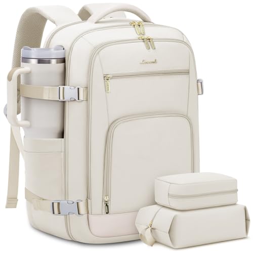 LOVEVOOK Travel Backpack For Women, 40L Carry On Backpack Flight Approved, TSA Personal Item Backpack Fits 17 Inch Laptop, Business Weekender Overnight Waterproof Daypack With 2 Packing Cubes, Beige - color: Beige, size: 40l-17.3 Inch-3pcs