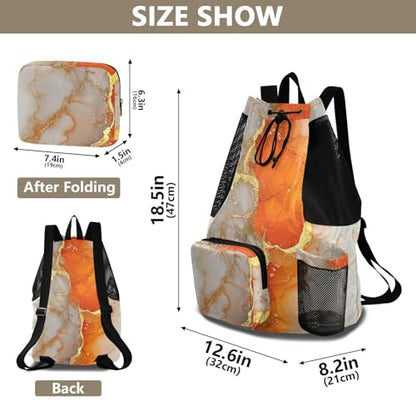 Drawstring Gym Bags For Men Women Camp Bag With Water Bottle Pocket String Backpack Bag Wet and Dry Separation Marble White Orange - color: Color 26