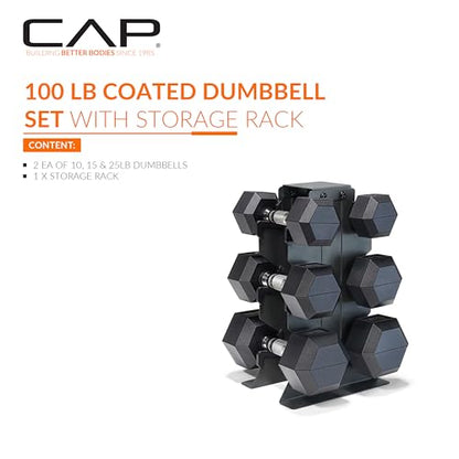 CAP Dumbbell Set with Rack, Rubber Coated Hex Free Weight Set | 100–300 lb Options, Vertical Space-Saving Storage for Home Gym Strength Training - size: 100 lb Set - Black Rack, style: Chrome Handle