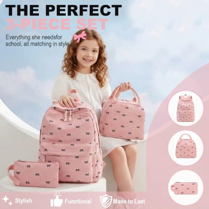 LEDAOU Kids Backpack for Girls Backpacks with Lunch Box, Lightweight Bookbag Set Elementary Middle School Back pack for 8-14 - color: Bow Pink Backpack
