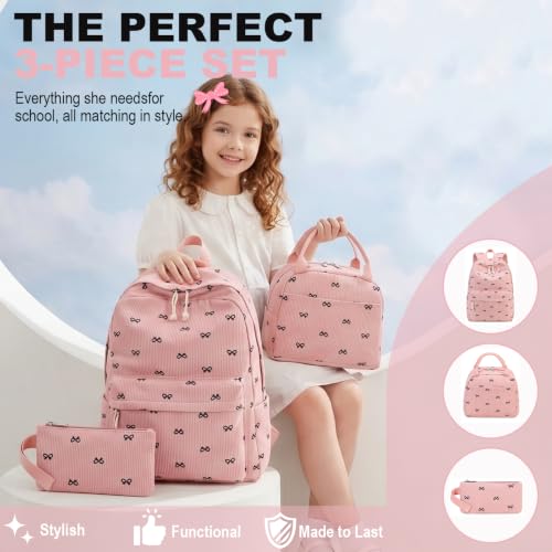 LEDAOU Kids Backpack for Girls Backpacks with Lunch Box, Lightweight Bookbag Set Elementary Middle School Back pack for 8-14 - color: Bow Pink Backpack