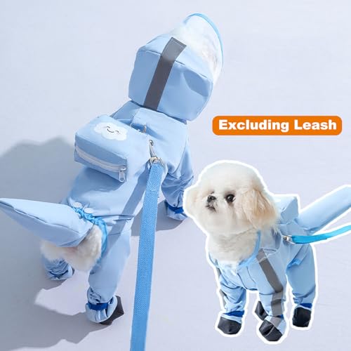 Junchl Small Dog Raincoat Rainboots with D-Ring, Full Coverage Dog Rain Jacket Slicker Poncho, Waterproof Dog Rain Jacket with Reflective Strip, Rainboot, Tail Cover Blue Backpack S - color: Blue Backpack, size: S:Back 10"(3-5lb)