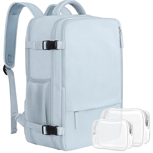 Sinaliy Large Expandable Travel Backpack for Men and Women, 17 Inch Laptop, Waterproof, Casual, College, Business, Hiking, Camping - color: Light Blue