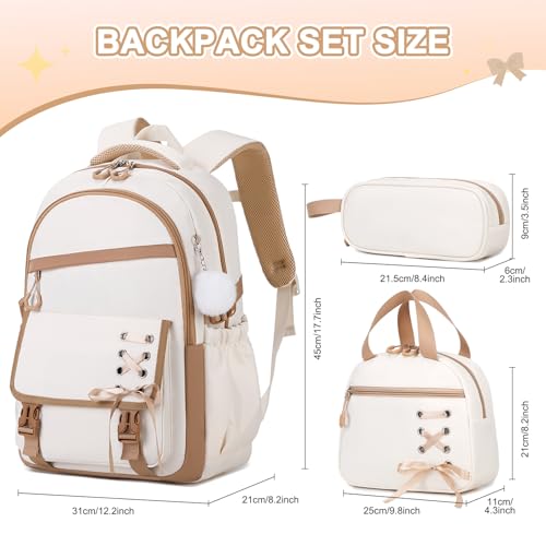 Scothen 3PCS Girls Backpack for School, Kids Backpack for Girls with Lunch Bag Pencil Case, Kids Bookbag Teen Backpacks for Elementary Middle High School - color: Beige