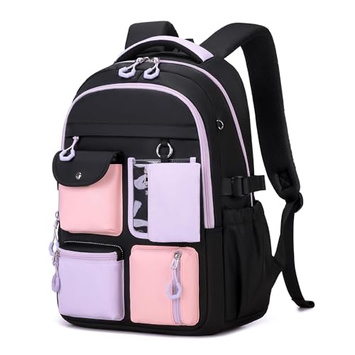 Kids Backpack, Backpack for Girls for Elementary School Multiple Pockets Ages 6-10(Black) - color: Black