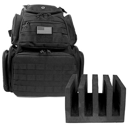 K-Cliffs Tactical Range Backpack – Lockable Bag for 5 Handguns Pouches – 900D Water‑Resistant with Rain Cover & USA Patch - color: Black With Eva Cradle