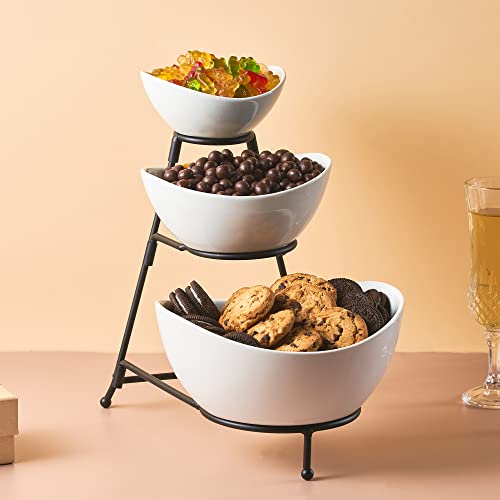 LYEOBOH 3 Tier Serving Bowls Set with Collapsible Thicker Metal Stand, Oval Serving Dishes for Entertaining Tiered Serving Stand for Fruit, Dessert, Candy, Chip and Dip (Black) - color: Black, style: Oval bowls