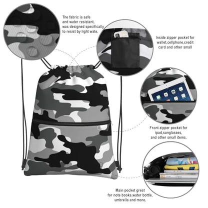 Black White Camo Drawstring bag, Camouflage Men Camping Gym Drawstring Backpack, Women Outdoor Sports Travel Sackpack Bag with Front Zipper Pocket and Inside Zipper Pocket - Can Keep Key or Phone - color: Black White Camo
