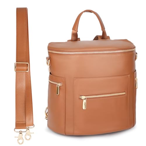 miss fong Diaper Bag Backpack Baby Diaper Bag, Large Leather Diaper Backpack with 16 Pockets Travel Diaper Bag with Diaper Changing Pad, Stroller Straps & 2 Insulated Pockets (Regular, Cognac) - color: Cognac