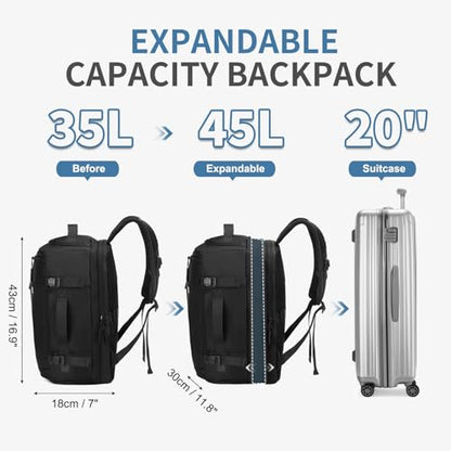 35L Travel Backpack 17" Laptop Backpack W/USB-C Port, Expandable Carry-On Bag, TSA Flight Approved Water-Resistant for Business College, Black - color: Black