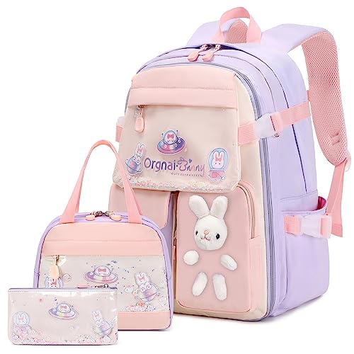 FIXITOK Girls Backpack Set, 3PCS Kids Backpack for Girls, Kawaii Bunny School Backpacks for Girl Kindergarten Elementary Preschool Middle School Bags with Lunch Box Pencil Case Purple - color: Purple