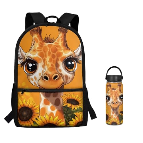 ZOUTAIRONG Orange Giraffe Backpack for School Lightweight Small Thermos School Bags for Boys Girls 7-10/10-12/12-16, Large Capacity Casual Backpack with Side Pockets - color: Orange Giraffe