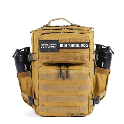 WOLFpak 25L Athletic Gym Backpack (Khaki) Durable 1000D Waterproof Oxford Material with MOLLE Webbing, Laptop Pocket & Dual Cup Holders - color: Khaki