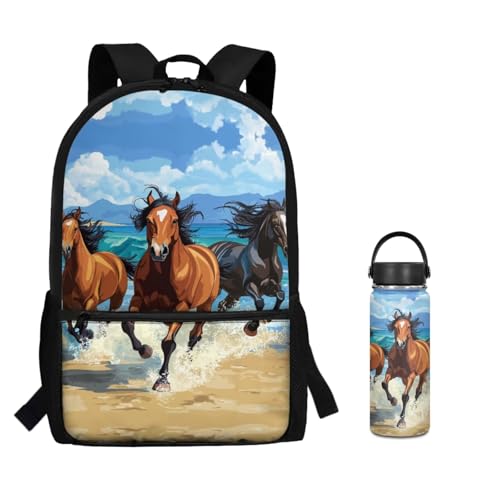 ZOUTAIRONG Running Horses Backpack and Small Thermos Cute School Bags for Boys Girls 7-10/10-12/12-16, Trendy Casual Backpack with Side Pockets for Water Bottle - color: Running Horses