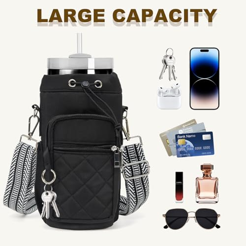 Water Bottle Holder with Strap, 32oz 40oz Insulated Water Bottle Carrier Bag, Purse Crossbody Sling Bag with Phone Pocket for Walking Hiking - color: black
