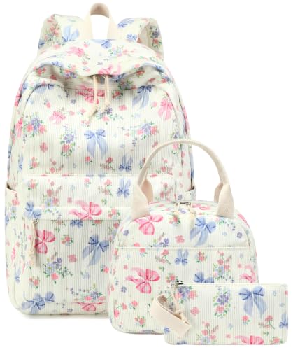 Bluboon School Backpack Set Girls Womens Laptop Bookbag Casual Daypack Fits 15 inch Laptop with Lunch Tote Bag and Pencil Bag - color: Pink Blue Bow 236 Beige