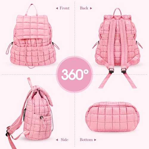 Quilted Puffer Backpack for Women Lightweight Soft Puffy Backpack Purse Casual Daily Drawstring Flap Daypack (Pink) - color: Pink