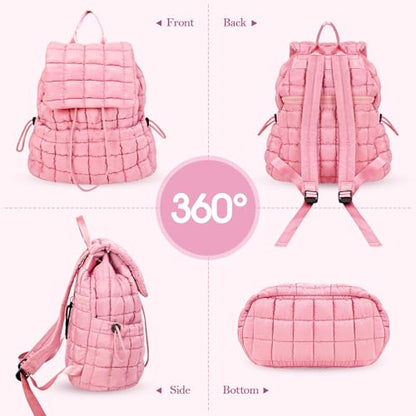 Quilted Puffer Backpack for Women Lightweight Soft Puffy Backpack Purse Casual Daily Drawstring Flap Daypack (Pink) - color: Pink