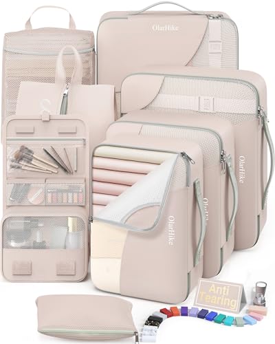8 Set Packing Cubes for Travel, Gifts for Women Mom,Anti-Tearing Suitcase Organizer for Luggage with Shoe & Hanging Toiletry Bag,OlarHike Vacation Essentials & Accessories for Cruise Ship - color: 01 Cream