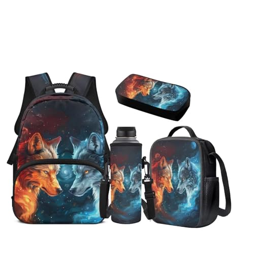 JEOCODY Cool Wolf Kids School Bag for Girls Backpack with Lunch Box Pencil Case Organizer Water Bottle Holder Set of 4 Boys School Supplies Casual Daypack for Travel Hiking - color: Cool Galaxy Wolf Printed