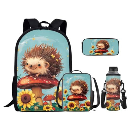 Cute Hedgehog Backpack for Girls Boys Mushroom Sunflower School Bag Set with Lunch Box Pencil Case Water Bottle Holder Elementary Schoolbag Primary Middle School Bookbag Nice Gifts - color: Cute Hedgehog Mushroom Sunflower